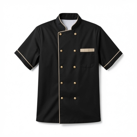 Veste de cuisine Noire Manches courte Finition Beige — photo packshot produit sur fond blanc