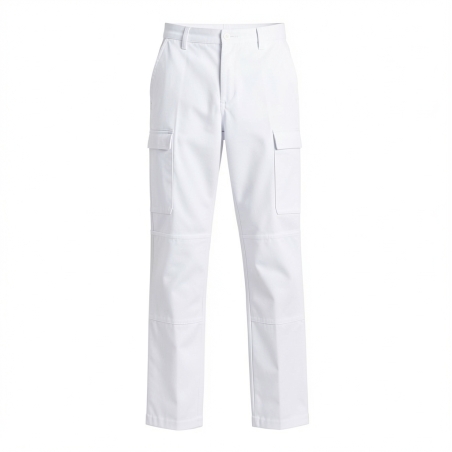 Pantalon de travail pas cher Blanc avec poche genouillere — photo packshot produit sur fond blanc