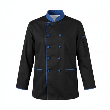 Veste cuisinier Noir col Bleu pression bleues — photo packshot produit sur fond blanc