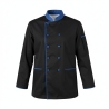 Veste cuisinier Noir col Bleu pression bleues — photo packshot produit sur fond blanc