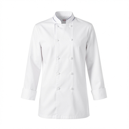 Veste cuisine Blanche double boutonnage manches longues classiques — photo packshot produit sur fond blanc