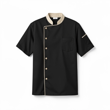 Veste cuisine manche courte Noire col Beige — photo packshot produit sur fond blanc