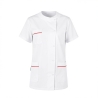 Tunique medicale finition liere rouge poches et manches — photo packshot produit sur fond blanc