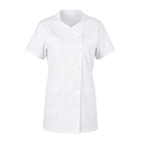 Tunique Médicale Col Trapeze Blanche manches courtes femme — photo packshot produit sur fond blanc