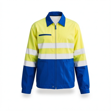 Blouson haute visibilite Jaune et bleu avec Bande réfléchissantes — photo packshot produit sur fond blanc
