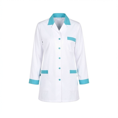 Tunique de travail medical manches longues col turquoise — photo packshot produit sur fond blanc