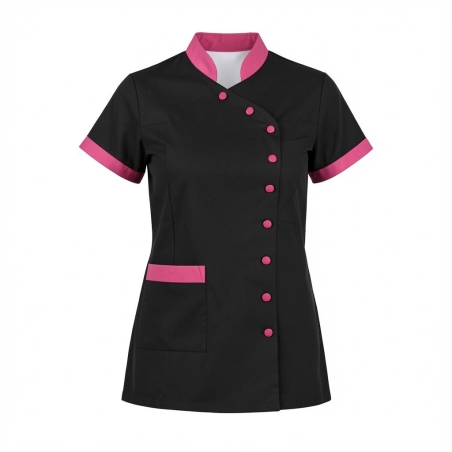 Tunique de travail Noire pression fushia — photo packshot produit sur fond blanc