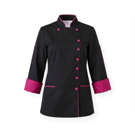 Veste cuisine femme noire et fushia — photo packshot produit sur fond blanc