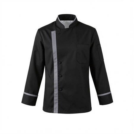 Veste de cuisine noire parement gris — photo packshot produit sur fond blanc