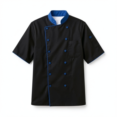 Veste cuisine noir col bleu manches courtes MOMC — photo packshot produit sur fond blanc