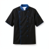 Veste cuisine noir col bleu manches courtes MOMC — photo packshot produit sur fond blanc