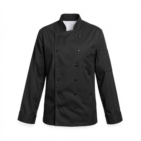 Veste chef noire pour la cuisine manches longues — photo packshot produit sur fond blanc