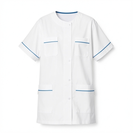 Blouse infirmière : Tunique médicale Femme Blanche liseré Bleu 3 poches manches Kimono — photo packshot produit sur fond blanc