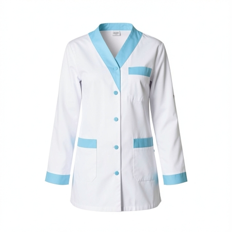 Tunique de travail manches longue Blanche et turquoise — photo packshot produit sur fond blanc