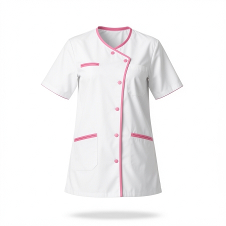 Blouse aide à domicile – Tunique professionnelle blanche à liseré coloré — photo packshot produit sur fond blanc