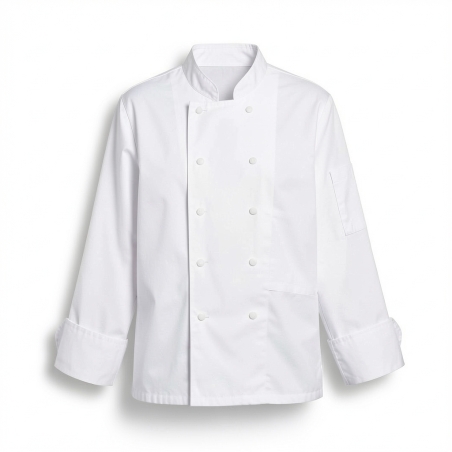 Veste de cuisine 100 % coton Blanche fermeture pressions — photo packshot produit sur fond blanc