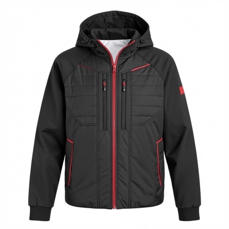 Veste de travail bicolore noir et rouge — photo packshot produit sur fond blanc