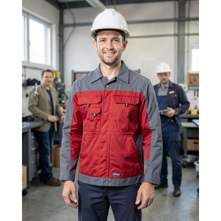 Veste de travail homme bicolore rouge et grise Lugano — mise en situation : Industrie, Portrait individuel