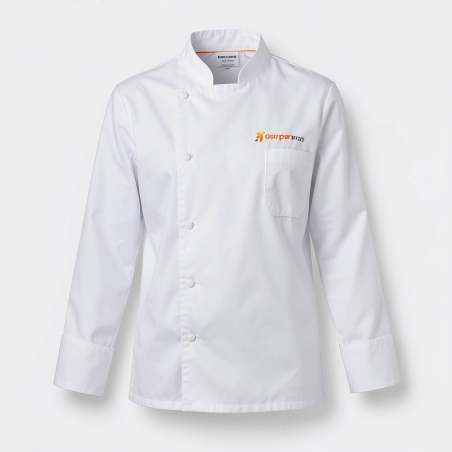 Veste de cuisine blanche brodée — photo packshot produit sur fond blanc