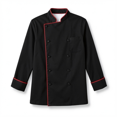Veste de cuisine bicolore noir et rouge brodée — photo packshot produit sur fond blanc