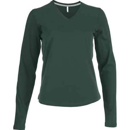 Tee shirt Femme Col V pour broderie Manches longues Vert Sapin