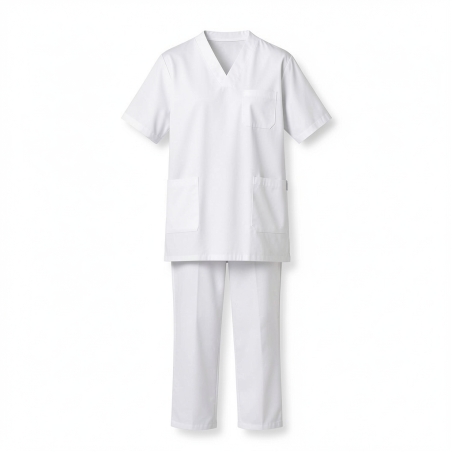 Tenue hôpital blanc – Tunique et pantalon médical — photo packshot produit sur fond blanc