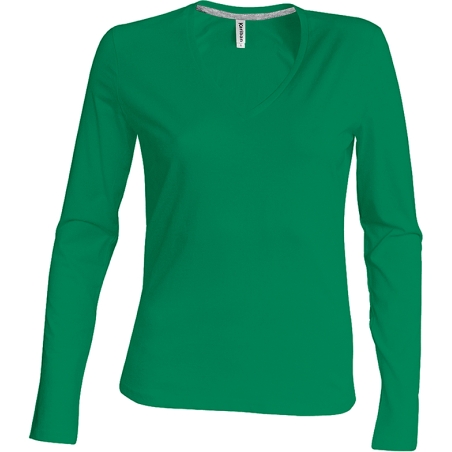 Tshirt Femme Col V Manches Flocage Longues Coton Vert