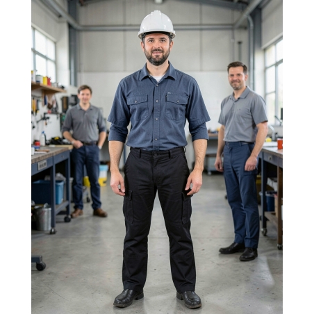 Pantalon de travail homme Jackson – Poches genoux canvas Noir, coupe courte — mise en situation : Industrie, Portrait individuel