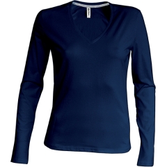 Tee shirt Femme Col V pour broderie Manches longues Marine