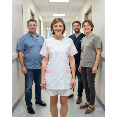 Tenue de travail infirmiere Blanche Julia parement Rose — mise en situation : Médical / infirmier, Équipe