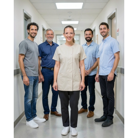 Tunique de travail Beige col rond manches courtes — mise en situation : Médical / infirmier, Équipe
