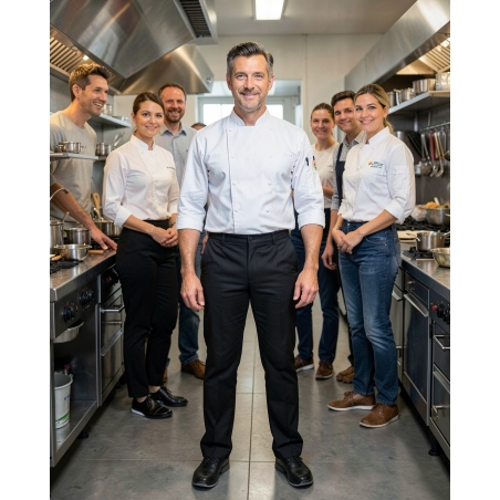 Pantalon de cuisinie noir — mise en situation : Cuisine / restauration, Équipe