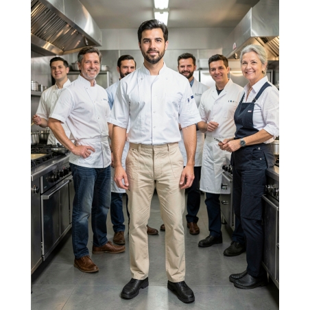 Pantalon Beige pour patissier Boulanger et cuisinier coupe jeans — mise en situation : Cuisine / restauration, Équipe