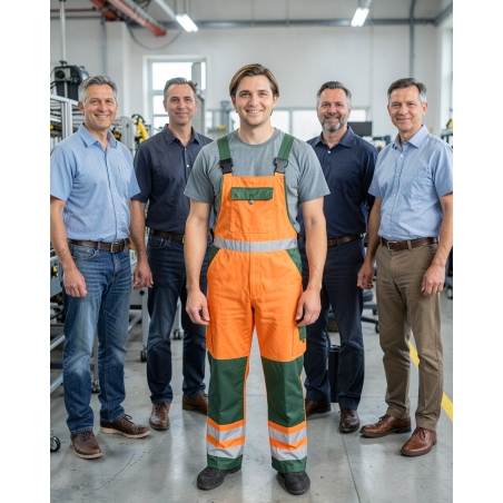 Cote a bretelle Haute visibilite Dassy Orange Vert — mise en situation : Industrie, Équipe