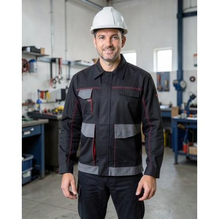 Veste de travail bicolore D-Mach noir et rouge — mise en situation : Industrie, Portrait individuel