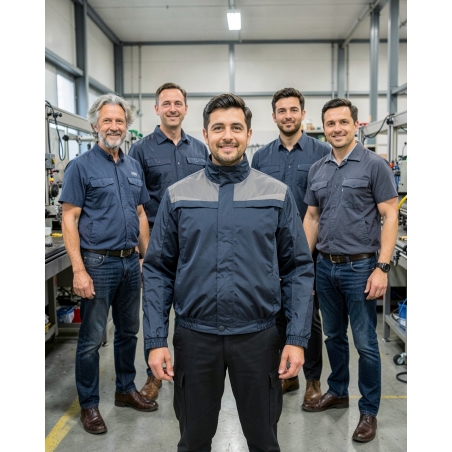Blouson de travail Denmark bleu marine et gris — mise en situation : Industrie, Équipe