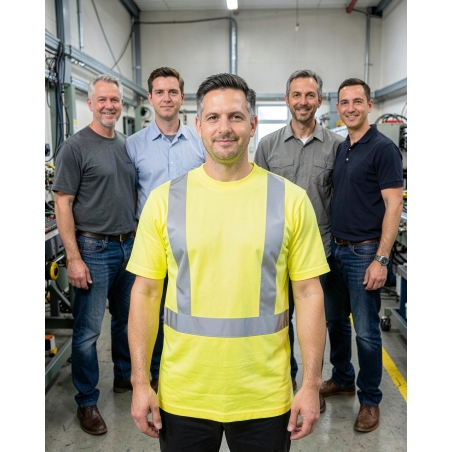 T-shirt haute visibilité jaune fluo de travail — mise en situation : Industrie, Équipe