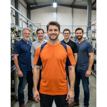 T-shirt de travail bicolore orange et bleu marine — mise en situation : Industrie, Équipe