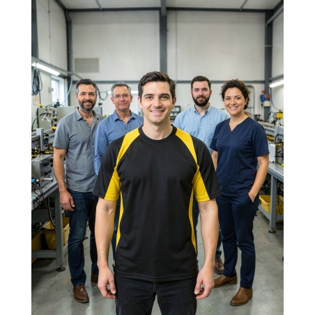 T-shirt de travail bicolore noir et jaune — mise en situation : Industrie, Équipe