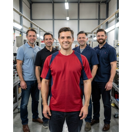 T-shirt bicolore rouge et gris de travail — mise en situation : Industrie, Équipe