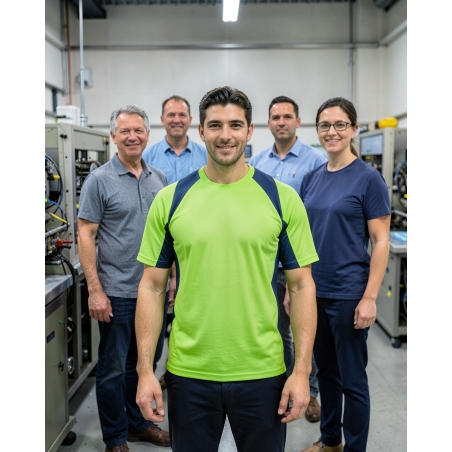 T-shirt bicolore vert et gris de travail — mise en situation : Industrie, Équipe