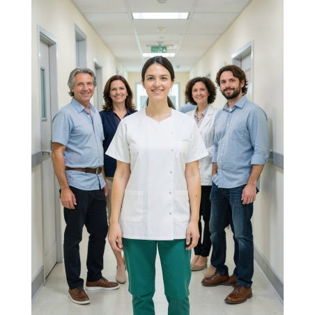 Tunique Médicale Col Trapeze Blanche manches courtes femme — mise en situation : Médical / infirmier, Équipe