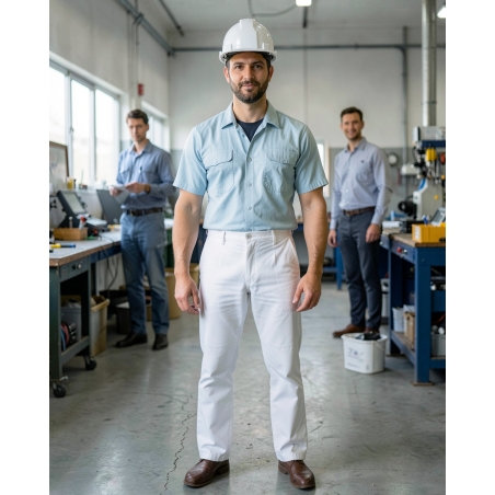 PBV Pantalon de travail Blanc poly coton — mise en situation : Industrie, Portrait individuel