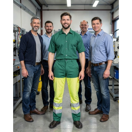 Pantalon de travail Haute visibilite EN20471 VERT/JAUNE — mise en situation : Industrie, Équipe