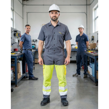 Pantalon de travail Haute visibilite EN20471 GRIS/JAUNE — mise en situation : Industrie, Portrait individuel