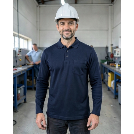 Polo piqué homme manches longues marine — mise en situation : Industrie, Portrait individuel