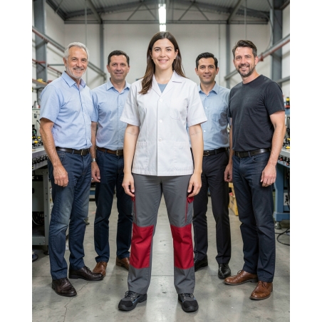 Pantalon de travail premier prix gris et rouge — mise en situation : Industrie, Équipe