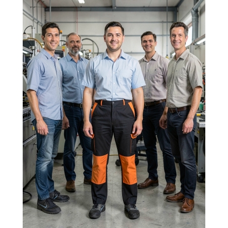 Pantalon de travail Noir et orange — mise en situation : Industrie, Équipe