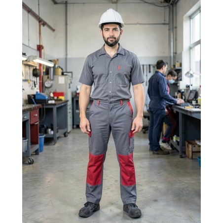 Pantalon de travail premier prix gris et rouge — mise en situation : Industrie, Portrait individuel