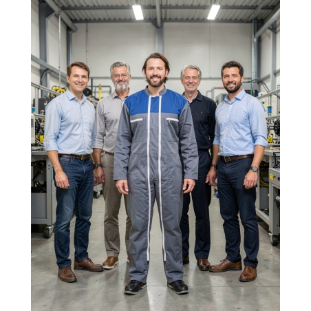 Combinaison de travail bi couleur Gris Bleu double fermeture — mise en situation : Industrie, Équipe